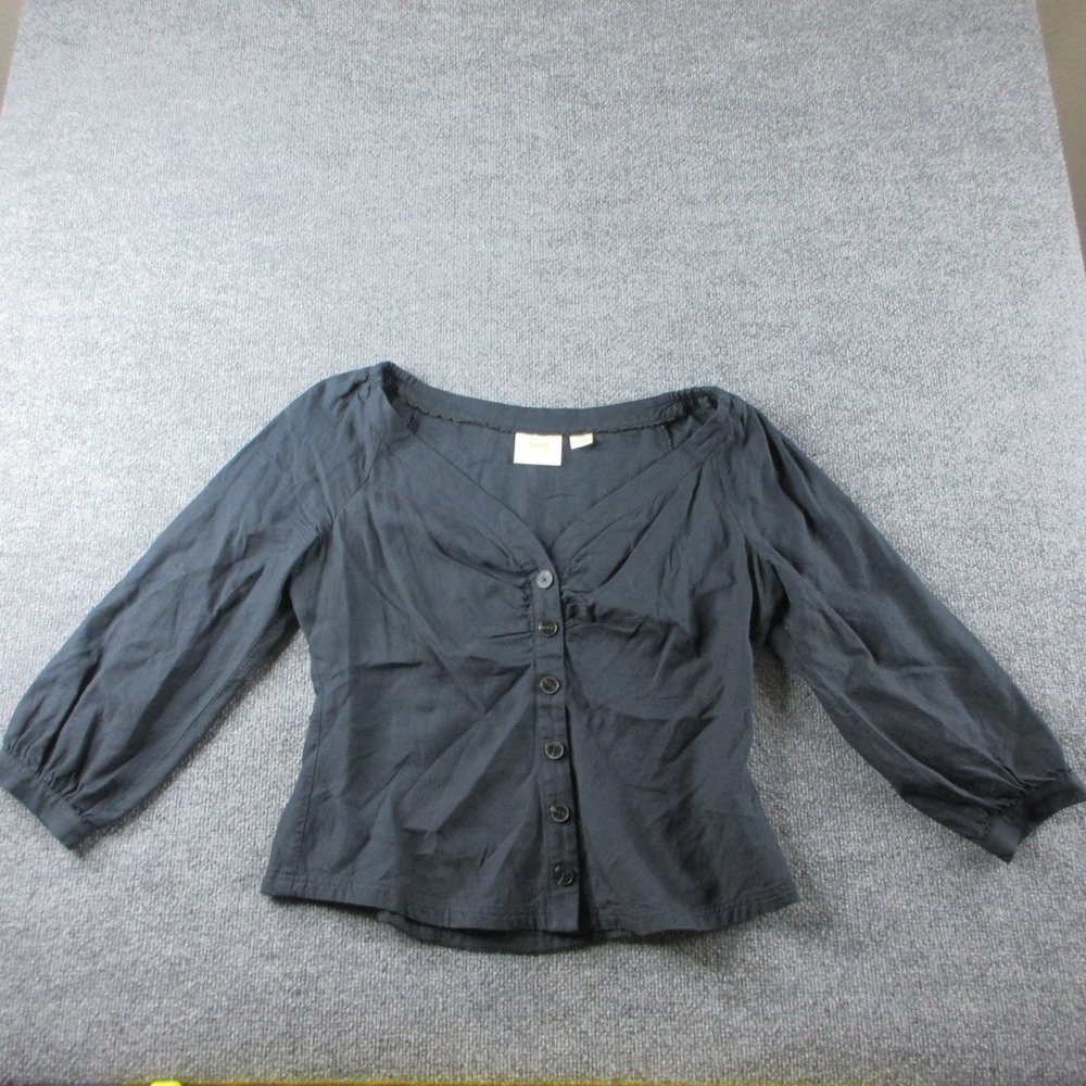 Maeve Anthropologie Blouse Womens 14 Black V Neck 3/4 Sleeve Button Front